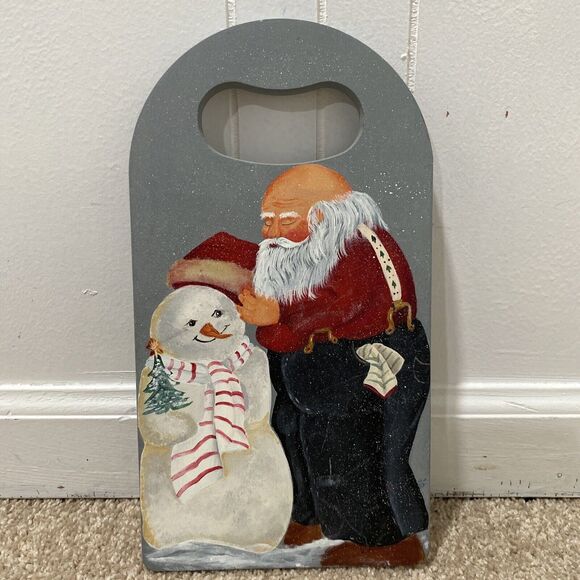 Hand Painted Cutting Board Holiday Santa Snowman Signed By Artist - Picture 1 of 5